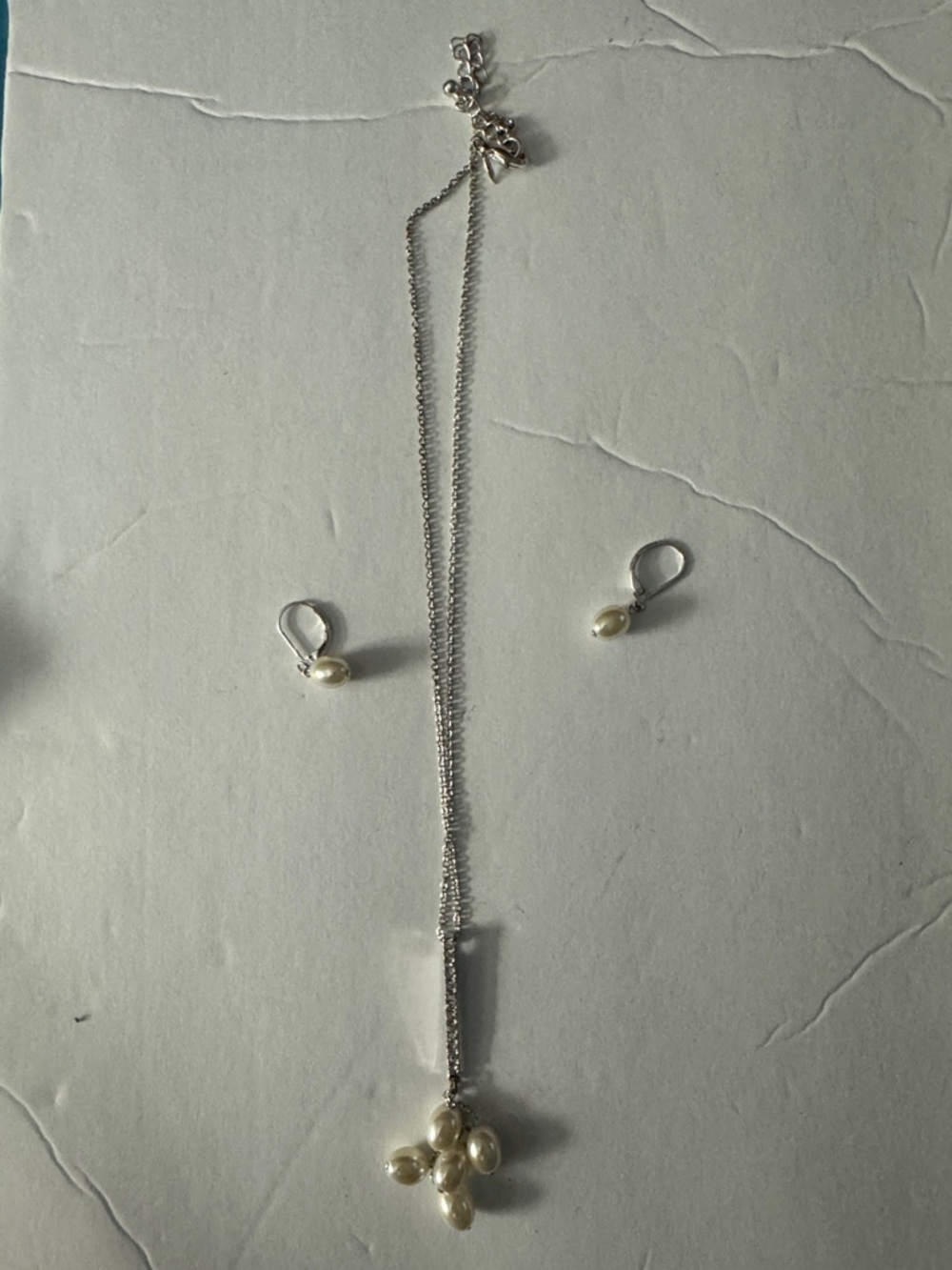 Classic Silver Pearl Drop Necklace and Earrings Set